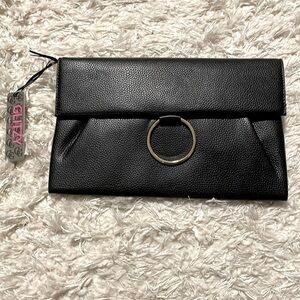 Women's Black & Gold O Ring Fold Clutch Purse With Crossbody Chain Strap